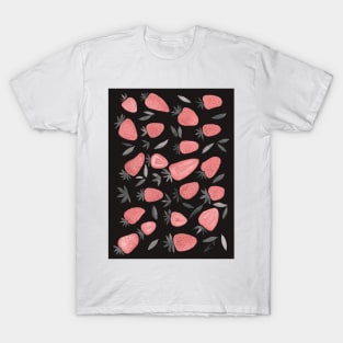 Watercolors strawberries - dusty pink and teal on dark background T-Shirt